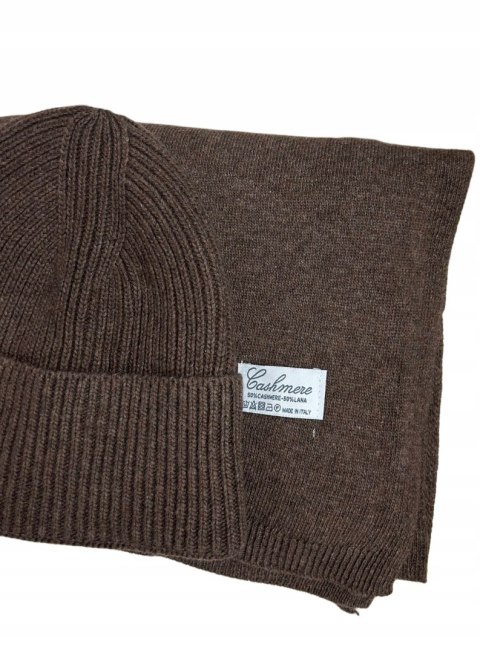 Komplet kaszmirowy brązowy wełniany wełna kaszmir czapka szalik Cashmere- CASHMIRA