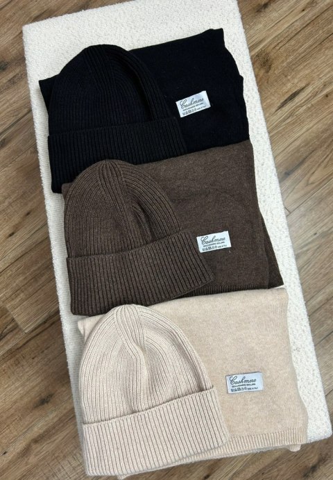 Komplet kaszmirowy brązowy wełniany wełna kaszmir czapka szalik Cashmere- CASHMIRA