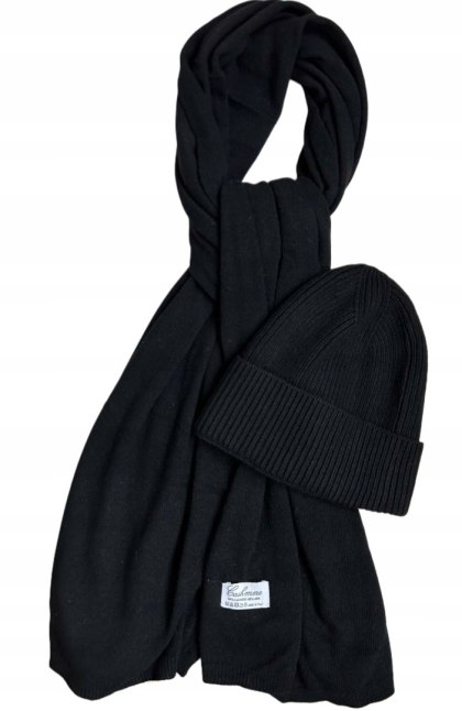 Komplet kaszmirowy czarny wełniany wełna kaszmir czapka szalik Cashmere- CASHMIRA