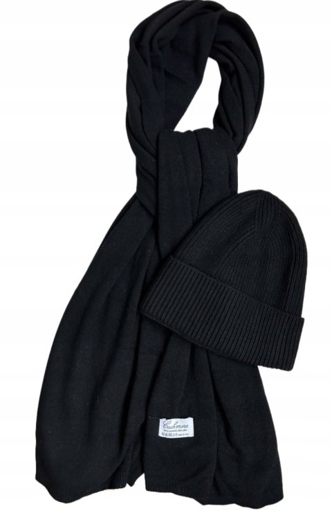 Komplet kaszmirowy czarny wełniany wełna kaszmir czapka szalik Cashmere- CASHMIRA