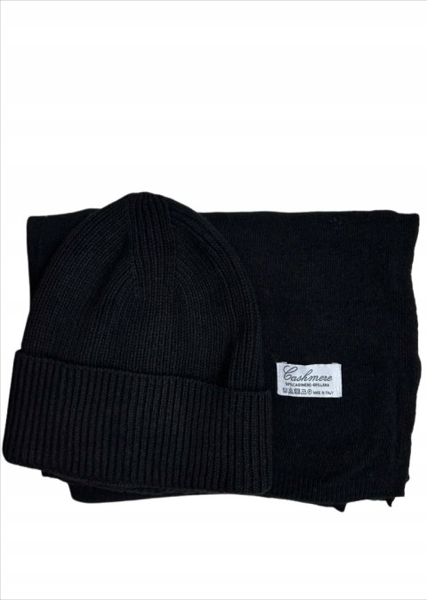 Komplet kaszmirowy czarny wełniany wełna kaszmir czapka szalik Cashmere- CASHMIRA