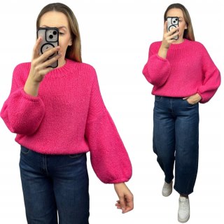 Różowy sweter moher wełna bufiaste rękawy luźny oversize Made in Italy- WARMY