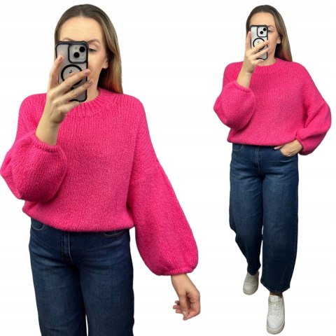 Różowy sweter moher wełna bufiaste rękawy luźny oversize Made in Italy- WARMY