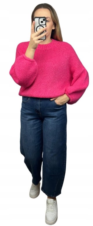Różowy sweter moher wełna bufiaste rękawy luźny oversize Made in Italy- WARMY