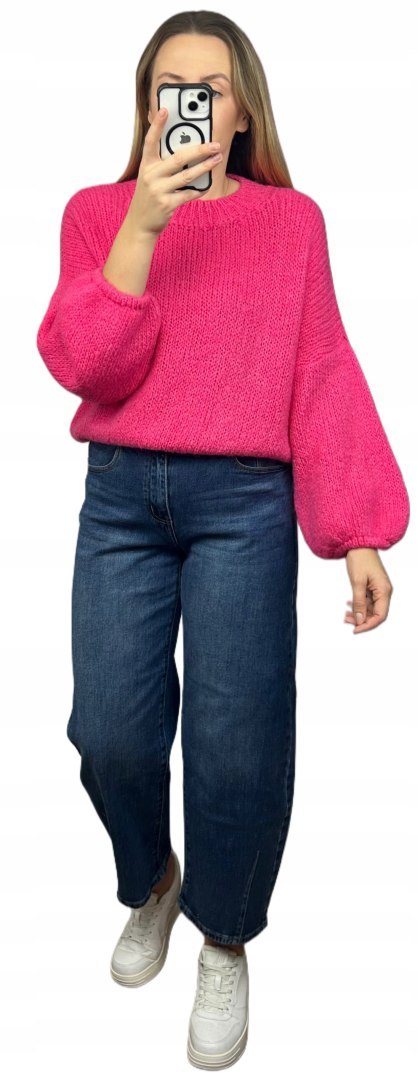 Różowy sweter moher wełna bufiaste rękawy luźny oversize Made in Italy- WARMY