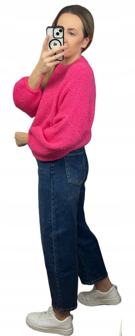 Różowy sweter moher wełna bufiaste rękawy luźny oversize Made in Italy- WARMY