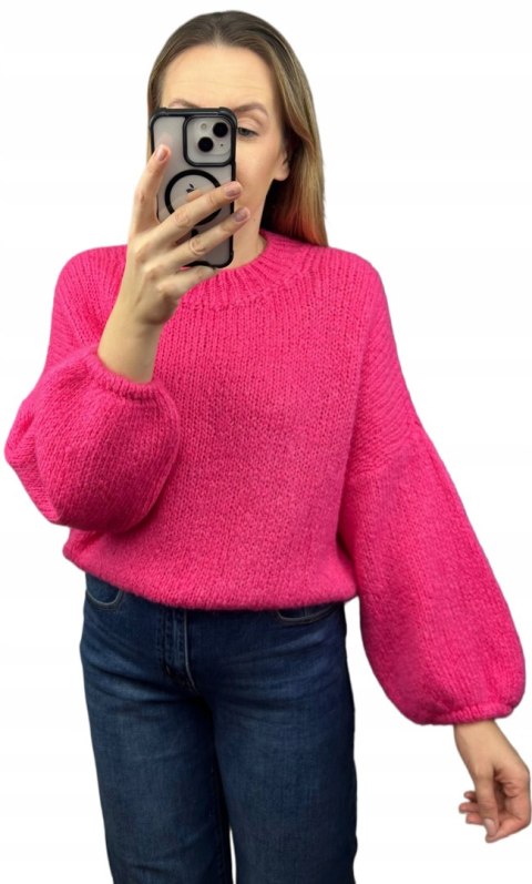 Różowy sweter moher wełna bufiaste rękawy luźny oversize Made in Italy- WARMY