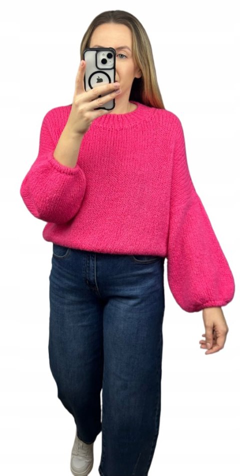 Różowy sweter moher wełna bufiaste rękawy luźny oversize Made in Italy- WARMY
