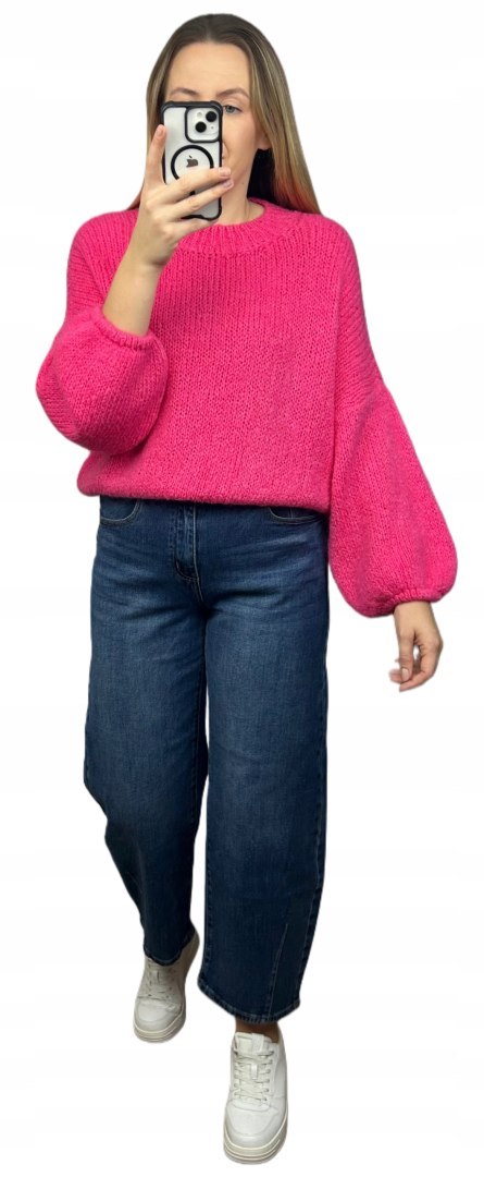 Różowy sweter moher wełna bufiaste rękawy luźny oversize Made in Italy- WARMY