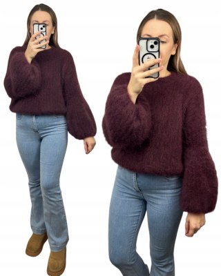 Sweter bordo puszysty kid moher prążek szerokie rękawy dzwonki moherowy- SOFT BELL