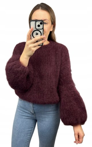 Sweter bordo puszysty kid moher prążek szerokie rękawy dzwonki moherowy- SOFT BELL