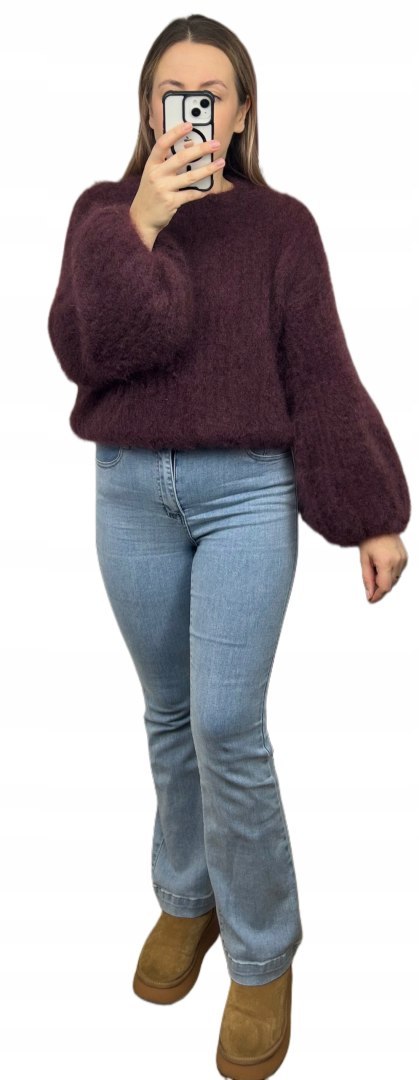 Sweter bordo puszysty kid moher prążek szerokie rękawy dzwonki moherowy- SOFT BELL