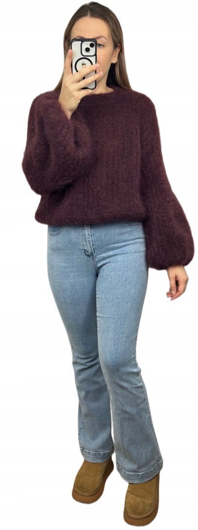 Sweter bordo puszysty kid moher prążek szerokie rękawy dzwonki moherowy- SOFT BELL