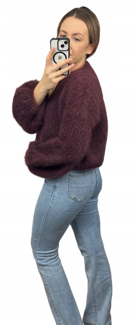 Sweter bordo puszysty kid moher prążek szerokie rękawy dzwonki moherowy- SOFT BELL