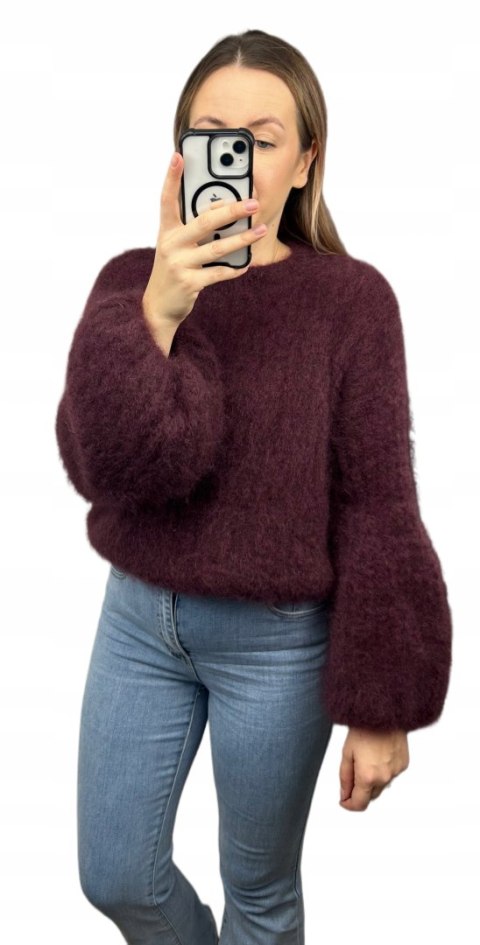 Sweter bordo puszysty kid moher prążek szerokie rękawy dzwonki moherowy- SOFT BELL
