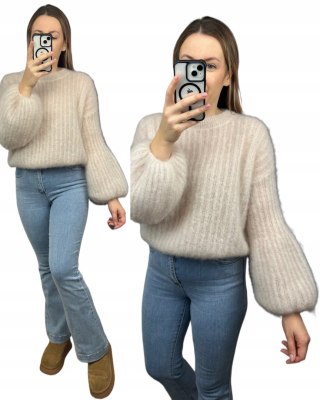Sweter jasny beż puszysty kid moher prążek szerokie rękawy dzwonki moherowy- SOFT BELL