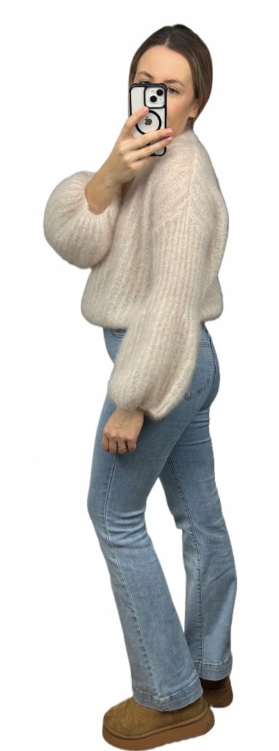 Sweter jasny beż puszysty kid moher prążek szerokie rękawy dzwonki moherowy- SOFT BELL