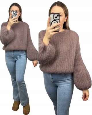 Sweter kakao puszysty kid moher prążek szerokie rękawy dzwonki moherowy