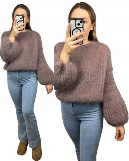 Sweter kakao puszysty kid moher prążek szerokie rękawy dzwonki moherowy
