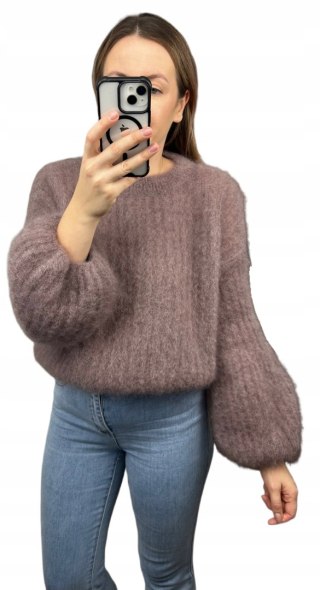 Sweter kakao puszysty kid moher prążek szerokie rękawy dzwonki moherowy