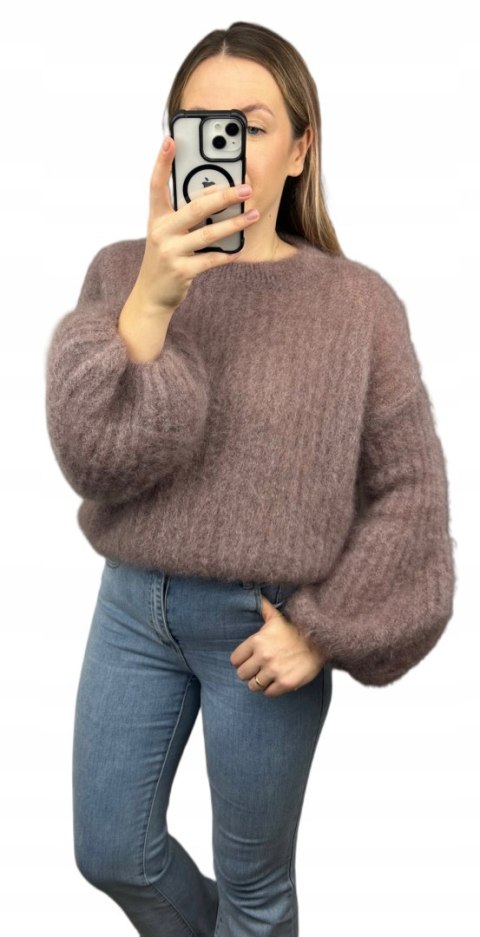 Sweter kakao puszysty kid moher prążek szerokie rękawy dzwonki moherowy