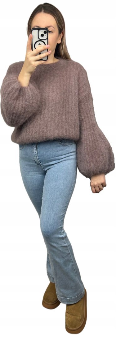 Sweter kakao puszysty kid moher prążek szerokie rękawy dzwonki moherowy