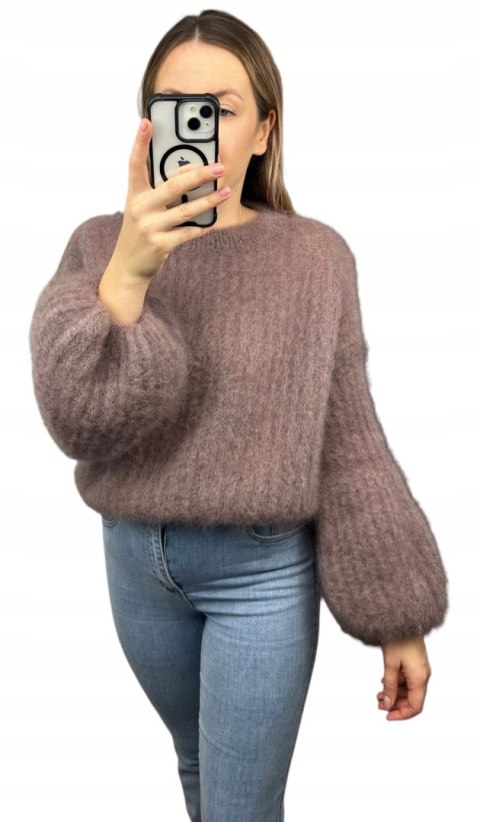 Sweter kakao puszysty kid moher prążek szerokie rękawy dzwonki moherowy