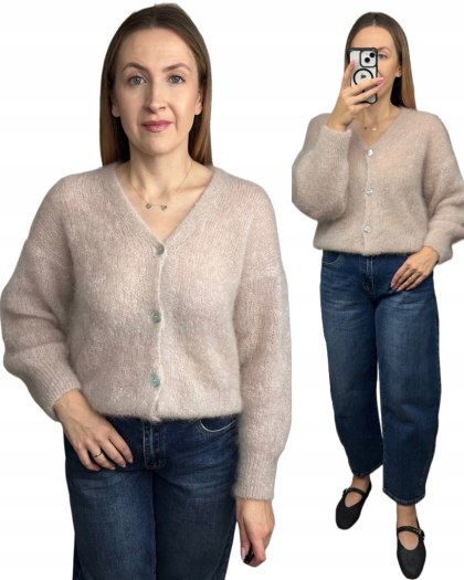 Sweter kardigan beżowy super kid moher 80% miękki Toscana39- MOHAIR COZY