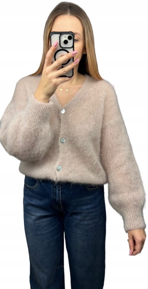 Sweter kardigan beżowy super kid moher 80% miękki Toscana39- MOHAIR COZY