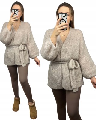 Sweter kardigan z wiązaniem w pasie moher moherowy kieszenie jasny beż- NUVOLA
