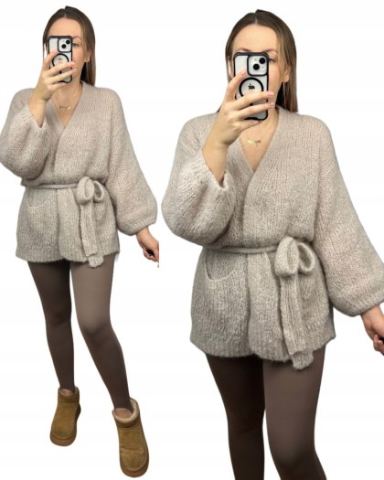 Sweter kardigan z wiązaniem w pasie moher moherowy kieszenie jasny beż- NUVOLA