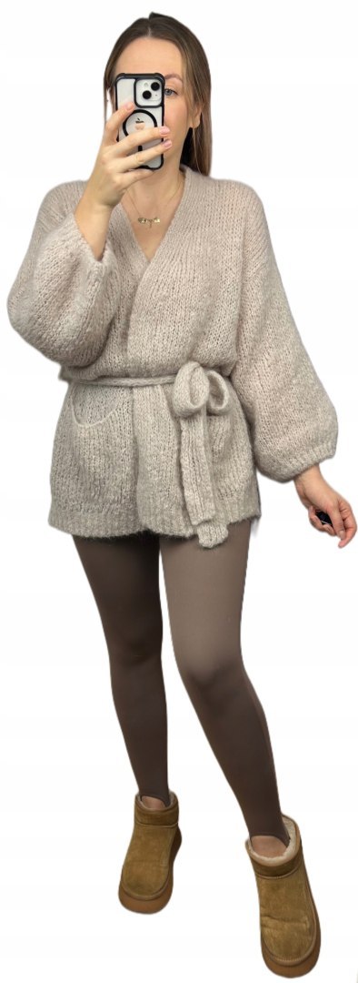 Sweter kardigan z wiązaniem w pasie moher moherowy kieszenie jasny beż- NUVOLA