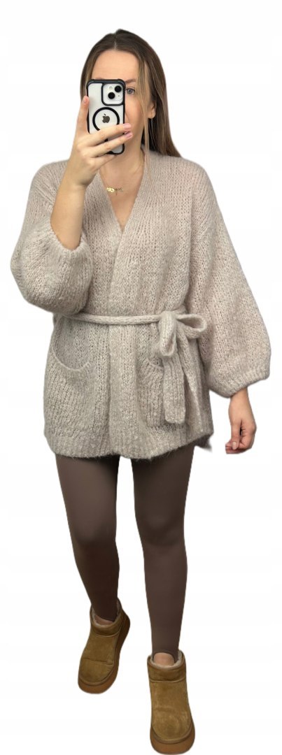 Sweter kardigan z wiązaniem w pasie moher moherowy kieszenie jasny beż- NUVOLA