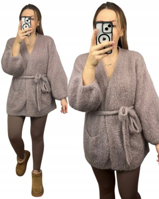 Sweter kardigan z wiązaniem w pasie moher moherowy kieszenie taupe- NUVOLA