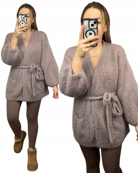 Sweter kardigan z wiązaniem w pasie moher moherowy kieszenie taupe- NUVOLA
