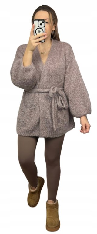 Sweter kardigan z wiązaniem w pasie moher moherowy kieszenie taupe- NUVOLA