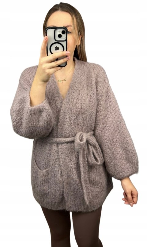Sweter kardigan z wiązaniem w pasie moher moherowy kieszenie taupe- NUVOLA