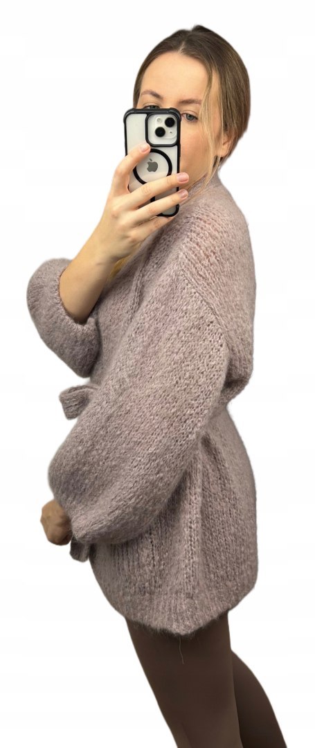 Sweter kardigan z wiązaniem w pasie moher moherowy kieszenie taupe- NUVOLA