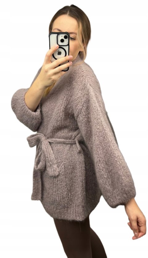 Sweter kardigan z wiązaniem w pasie moher moherowy kieszenie taupe- NUVOLA