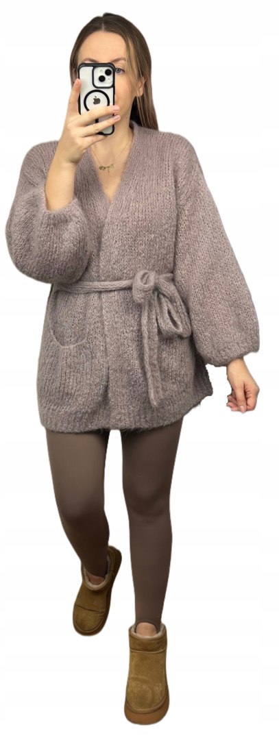 Sweter kardigan z wiązaniem w pasie moher moherowy kieszenie taupe- NUVOLA