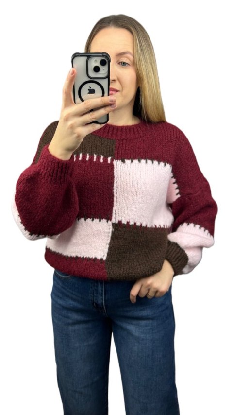Sweter oversize bufiaste rękawy luźny patch wzorzysty bordo pudrowy róż- PATCHY