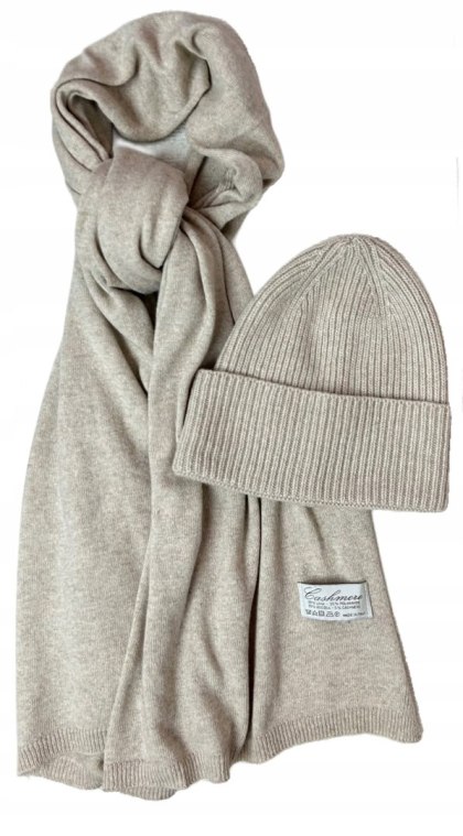 Komplet beżowy czapka szalik wełna wiskoza kaszmir wełniany Cashmere- SOFTELLA