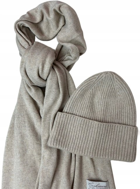 Komplet beżowy czapka szalik wełna wiskoza kaszmir wełniany Cashmere- SOFTELLA
