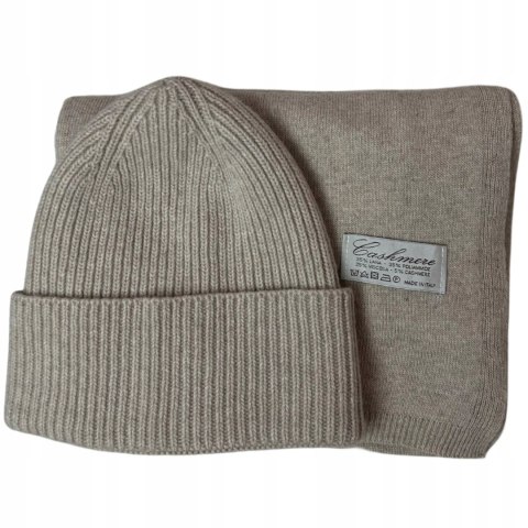 Komplet beżowy czapka szalik wełna wiskoza kaszmir wełniany Cashmere- SOFTELLA