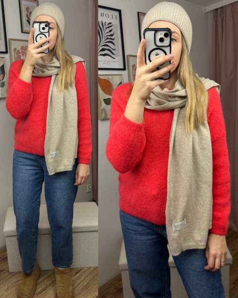 Komplet beżowy czapka szalik wełna wiskoza kaszmir wełniany Cashmere- SOFTELLA