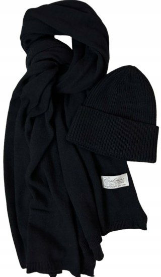 Komplet czarny czapka szalik wełna wiskoza kaszmir wełniany Cashmere- SOFTELLA