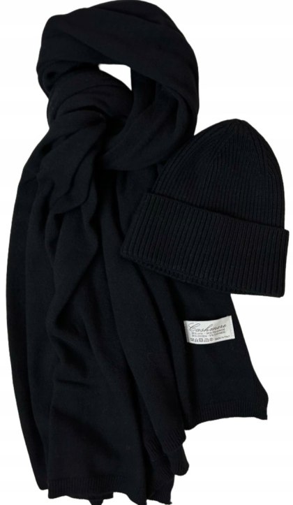 Komplet czarny czapka szalik wełna wiskoza kaszmir wełniany Cashmere- SOFTELLA