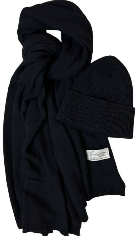 Komplet czarny czapka szalik wełna wiskoza kaszmir wełniany Cashmere- SOFTELLA