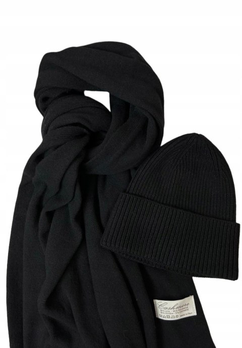 Komplet czarny czapka szalik wełna wiskoza kaszmir wełniany Cashmere- SOFTELLA