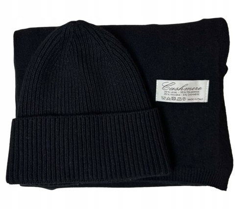 Komplet czarny czapka szalik wełna wiskoza kaszmir wełniany Cashmere- SOFTELLA